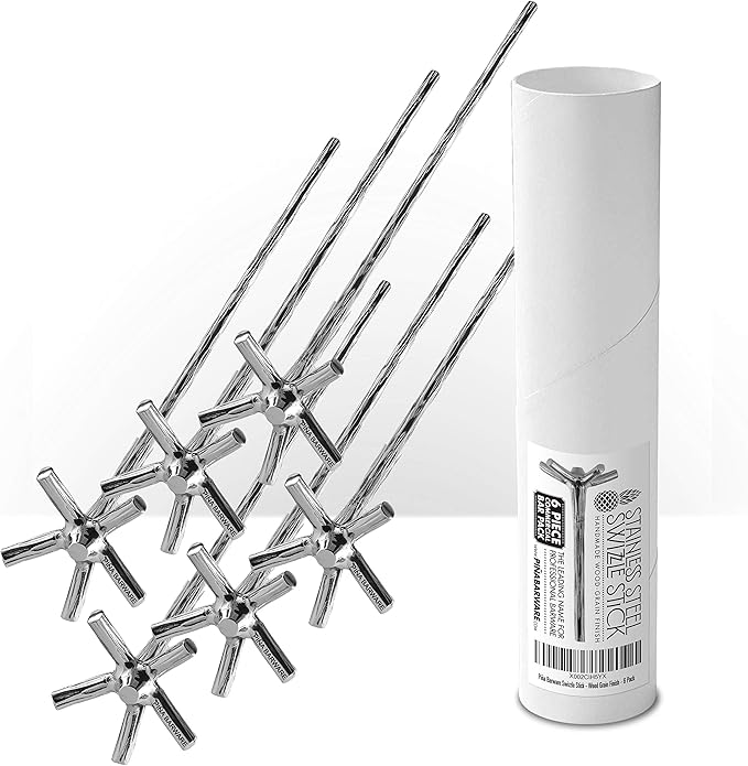Piña Barware Swizzle Stick Stirrer - Stainless Steel with Handmade Wood-Grain Finish (6-Pack/Commercial Bar Pack)