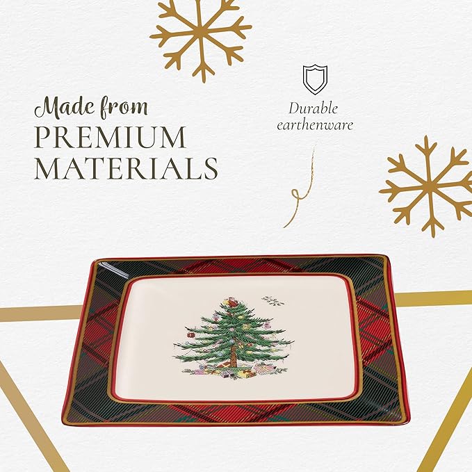 Spode Christmas Tree Tartan Square Tidbit Plates (Set of 4) - 5" Holiday Appetizer Platter for Christmas Entertaining - Traditional Tartan Plaid with Iconic Tree Motif - Microwave and Dishwasher Safe