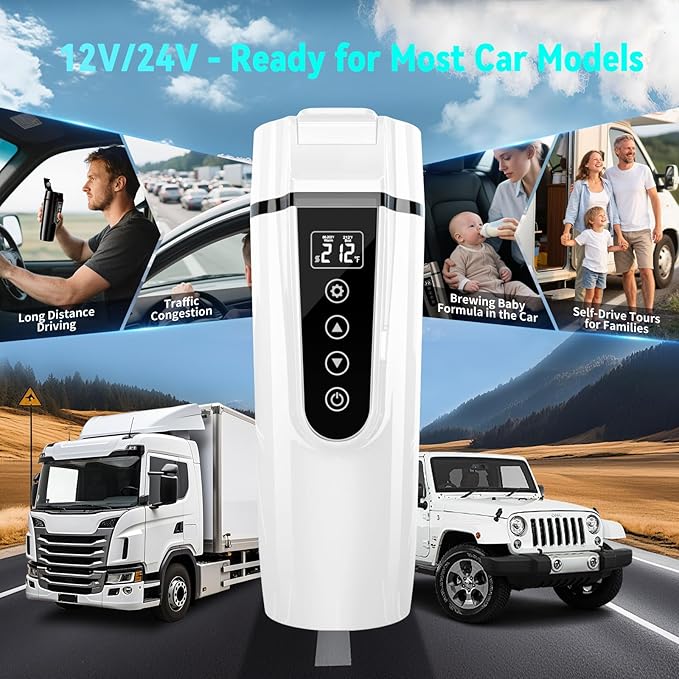 Car Electric Kettle for Travel : FVPE 12V/24V Small Electric Water Kettle, Multi-Temp Control 400 mL Portable Car Water Boiler for Brewing Coffee Tea,LCD Display 304 Stainless Steel Truck Heating Cup