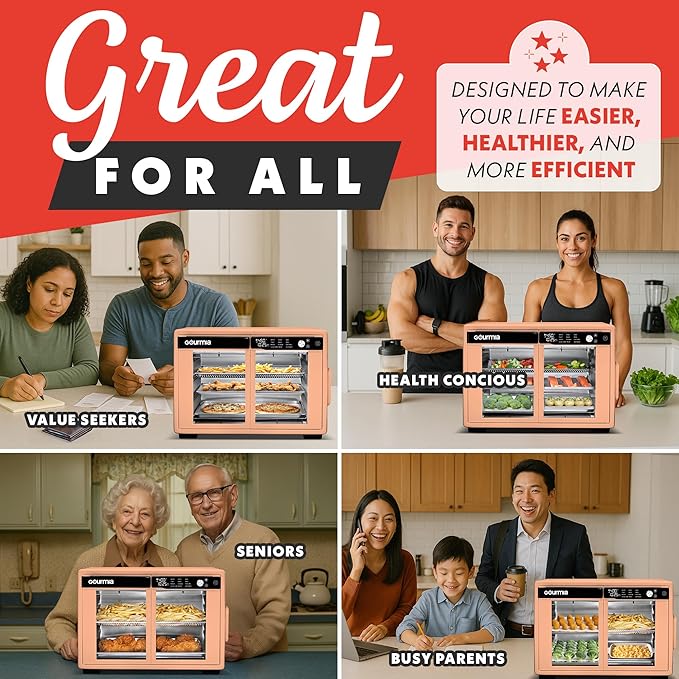 Gourmia French Door Digital Air Fryer Oven - 25-Quart XL Capacity, 12 Presets, Touchscreen, FryForce 360° Tech, Dehydrate, Proof, Slow Cook, Fits 13” Pizza, 1700W, Peach