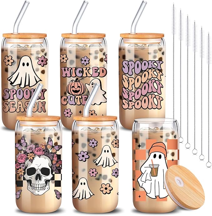 6 Pcs Halloween Glasses 16 oz Cute Ghost Flower Skull Cups with Bamboo Lid and Glass Straw Spooky Pumpkin Bat Can Shaped Mason Drinking Jars Iced Coffee Cups for Halloween Party Gift