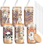 6 Pcs Halloween Glasses 16 oz Cute Ghost Flower Skull Cups with Bamboo Lid and Glass Straw Spooky Pumpkin Bat Can Shaped Mason Drinking Jars Iced Coffee Cups for Halloween Party Gift