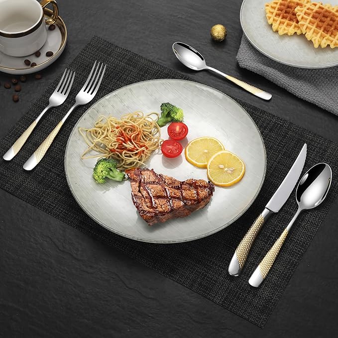 Lemeya 40-Piece Hammered Silver Gold Silverware Set for 8 with Serrated Forging Knives,18/10 Stainless Steel Modern Flatware Set,Unique Cutlery Set Spoons and Forks Set,Mirror Polished,Dishwasher Safe