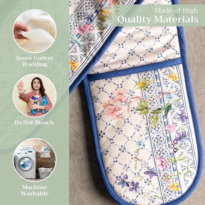 Maison d' Hermine Double Oven Mitts 100% Cotton 7"x35" Double Oven Mitt Heat Resistant BBQ Cooking Gloves with Loop, Baking, Grilling, Home, Kitchen, Handling Hot Pans Spring Summer (Faience)