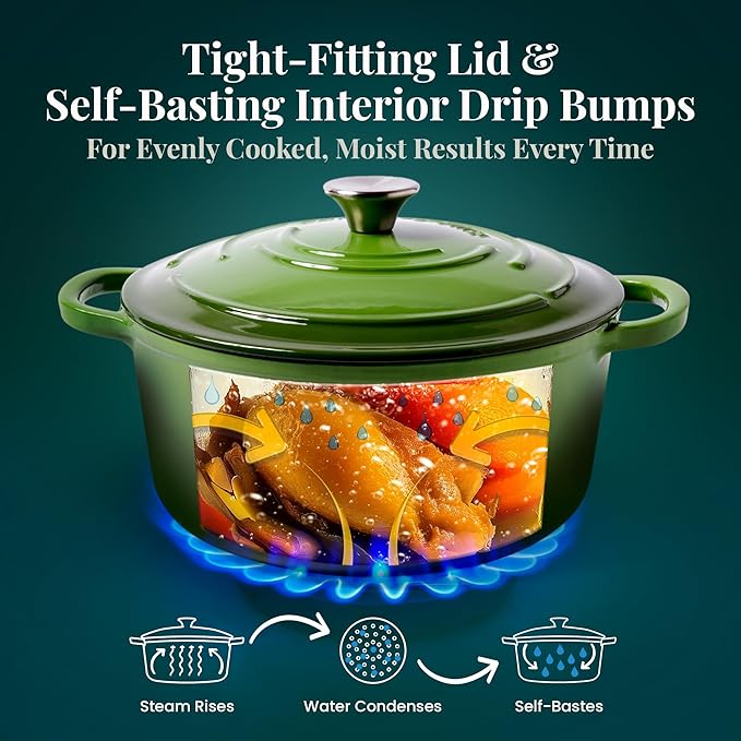 Larder & Vine Enameled Cast Iron 5.7qt Dutch Oven Pot with Lid | Bread Baking | Compatible on All Cooktops & Oven Safe to 500° F | Great for Sourdough Bread | Okra