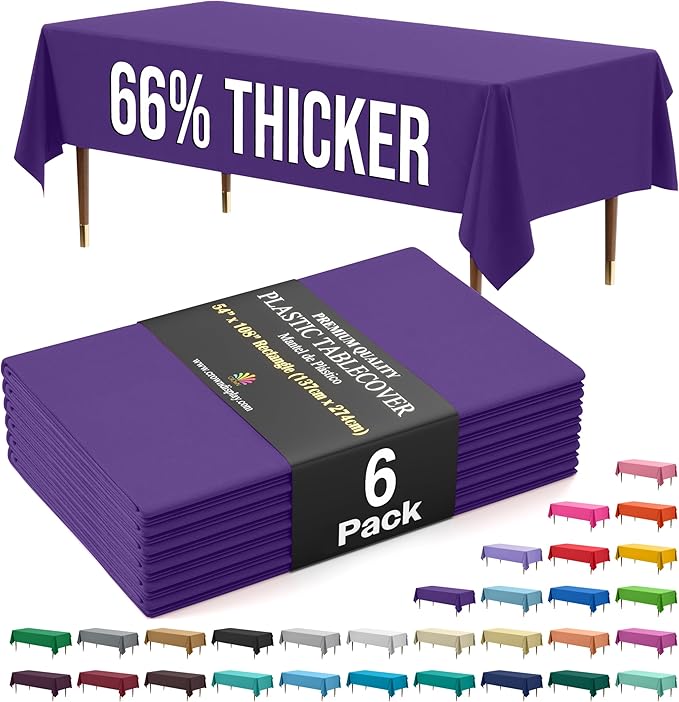 Exquisite 66% Thicker Premium Plastic Table Cloth Rectangle Table Cover 0.5 Mil 6 Pack Purple Table Cloth 54 Inch x 108 Inch Disposable Tablecloth Won't Tear Easily Like Cheap Thin Brands