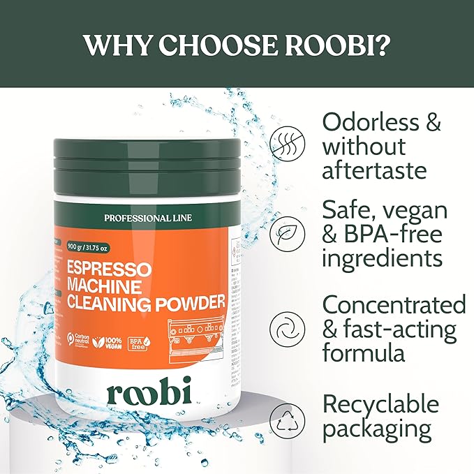 Roobi Professional Espresso Machine Cleaning Powder. Carbon Neutral Espresso Cleaner Powder. Up to 90 uses, 900gr.