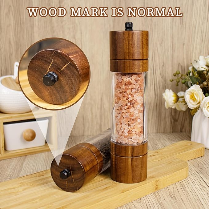 Acacia Wood Salt Grinder and Pepper Grinder Set Premium Acrylic Salt and Pepper Mill Set, Manual Salt and Pepper Mills- Wooden Shakers with Adjustable Ceramic Core 8 Inches 2 Pack