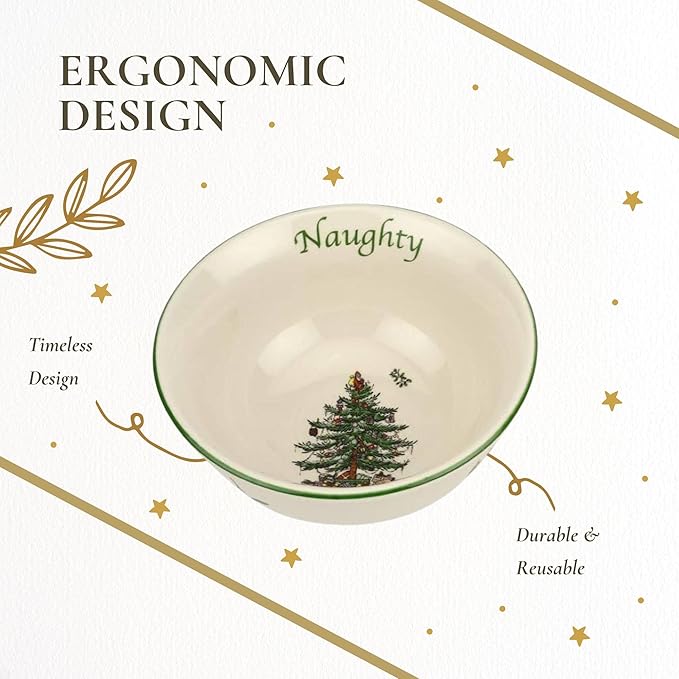 Spode Christmas Tree Dip Bowls - Set of 2, Naughty and Nice, 4-Inch Ceramic Serving Bowls for Holiday Dips, Snacks, Nibbles - Festive Tableware Christmas Tree Design - Dishwasher & Microwave Safe