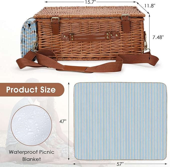 Picnic Basket Set for 4 Persons - Picnic Baskets with Large Insulated Cooler Compartment, Adjustable Shoulder Strap, Willow Hamper and Waterproof Blanket Set with Cutlery Service Kit