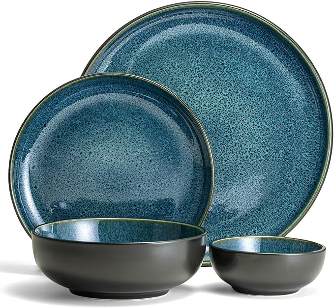 Sango Resona 16-Piece Blue Stoneware Dinnerware Set – Service for 4, Plate and Bowl Set, Delicate Blue Interior, Microwave & Dishwasher Safe, for Everyday Dining & Entertainment