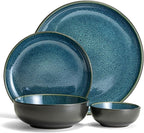 Sango Resona 16-Piece Blue Stoneware Dinnerware Set – Service for 4, Plate and Bowl Set, Delicate Blue Interior, Microwave & Dishwasher Safe, for Everyday Dining & Entertainment