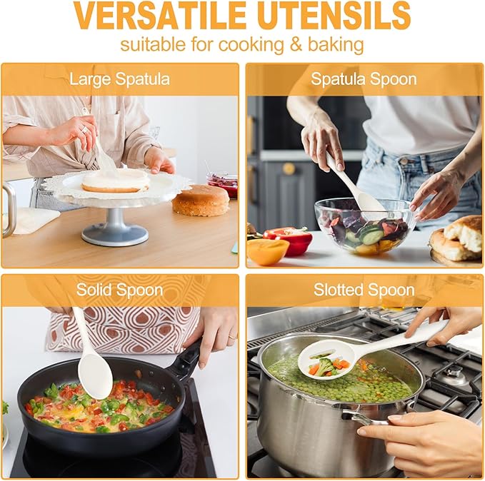 TeamFar Silicone Cooking Utensils Set, 7-Piece Heat Proof Kitchen Utensils Set, Kitchen Tools Spatula Turner Ladle Spoon Pasta Fork for Nonstick Cookware, Non-Toxic & Dishwasher Safe, White