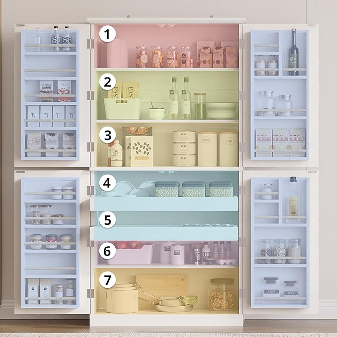 IRONCK Kitchen Pantry Storage Cabinet 72.8" H, 4 Barn Doors with Storage Rack, 4 Adjustable Shelves, Freestanding Cupboard for Dining Room Living Room, Laundry, White