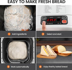 22-In-1 Compact Automatic Bread Maker Machine, 1LB/1.5LB Programmable 2 Loaf Sizes, 3 Crust Colors, Small Digital Home Bakery with Dough, Cake, Jam, Yogurt, Non-stick Pan, White