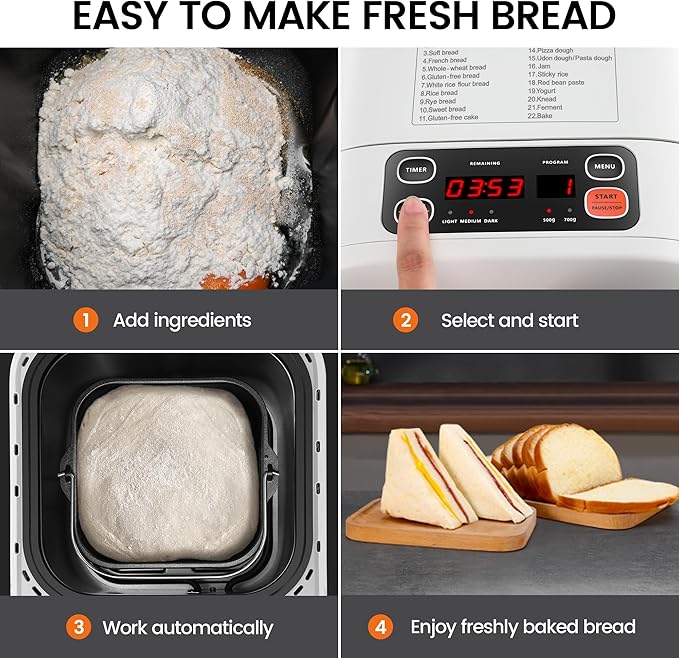 22-In-1 Compact Automatic Bread Maker Machine, 1LB/1.5LB Programmable 2 Loaf Sizes, 3 Crust Colors, Small Digital Home Bakery with Dough, Cake, Jam, Yogurt, Non-stick Pan, White