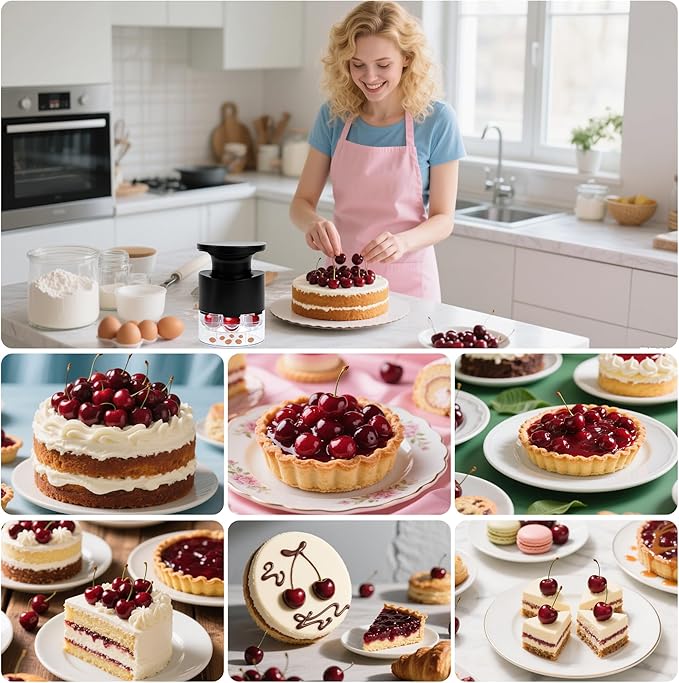 Cherry Pitter, 7-Hole Long Plunger Push Button Cherry Core Remover Tool with Splatter Protector, Quickly Pitting Cherries for Making Jam, Pies (Black)