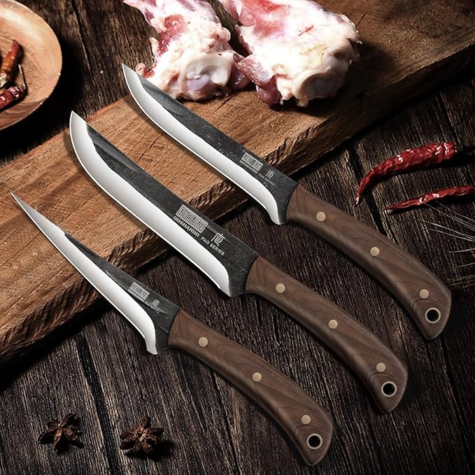 HOSHANHO Butcher Knife Set 3-Piece, Super Sharp Hand Forged Fillet Knife & Dividing Knives & Paring Knives Set, Upgraded High Carbon Stainless Steel Meat Cutting for Home, Outdoor