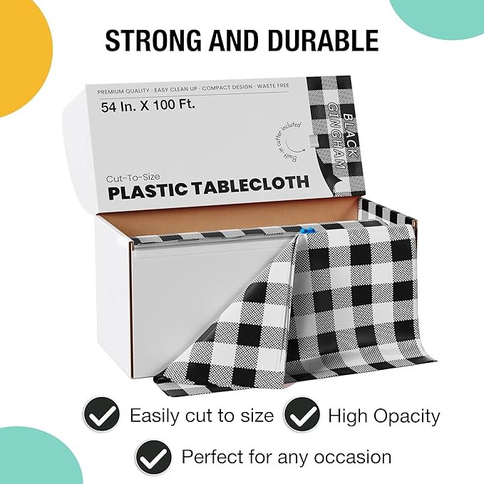 Exquisite Party Solids 54 Inch X 100 Feet Black Gingham Plastic Table Cover Roll in A Cut - to - Size Box with Convenient Slide Cutter. Cuts Up to 12 Rectangle 8 Feet Plastic Disposable Tablecloths