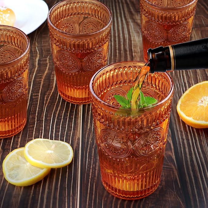 6pcs Vintage Drinking Glasses Set, 12 oz Amber Highball Glasses, Embossed Ribbed Glassware Cups for Thanksgiving Cocktail, Juice, Whiskey