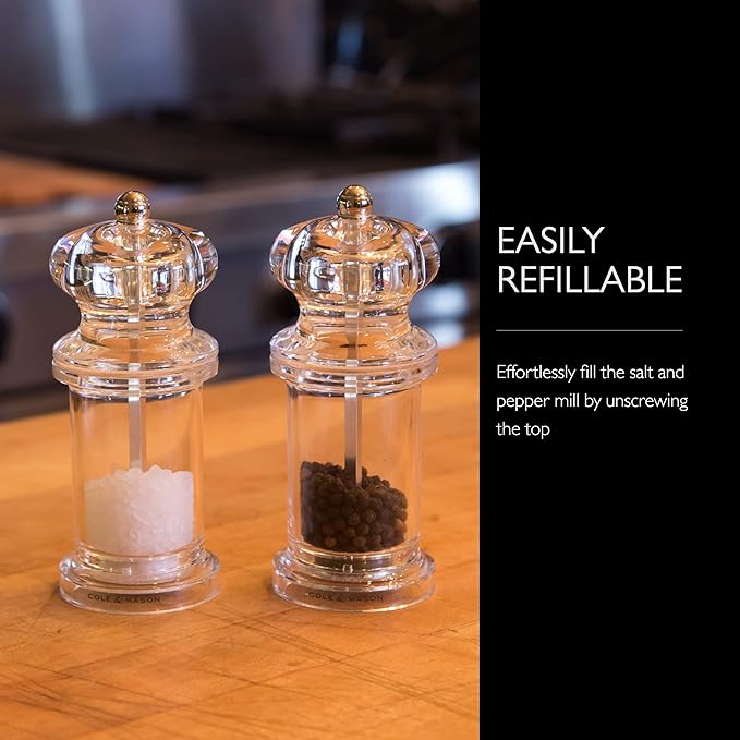 COLE & MASON 505 Salt and Pepper Grinder Set - Clear Acrylic Mills Includes Precision Mechanisms and Premium Sea Salt and Peppercorns