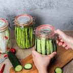 Wide Mouth Glass Jars with Airtight Lid 32OZ 4 Pack, Kitchen Storage Large Clear Canister Jars with Hinged Lid with Measurement Marks For Canning,Coffee,Flour,Sugar,Beans