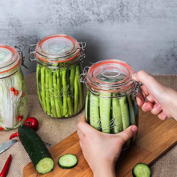 Wide Mouth Glass Jars with Airtight Lid 32OZ 4 Pack, Kitchen Storage Large Clear Canister Jars with Hinged Lid with Measurement Marks For Canning,Coffee,Flour,Sugar,Beans