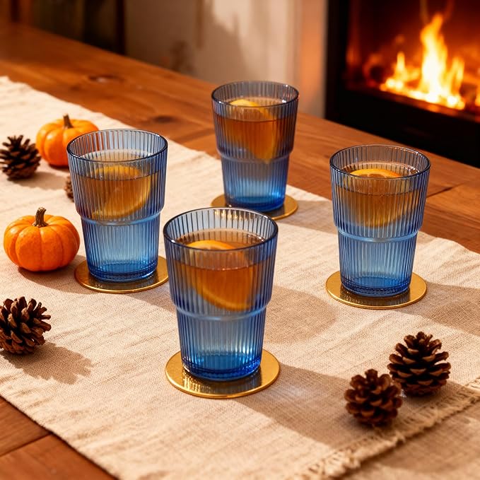 Blue Ribbed Glass Set of 4 14oz Highball Glass Stackable Vintage Durable for Water, Seltzer, Sparkling, Elegant Everyday Glassware