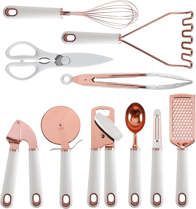 COOK WITH COLOR Kitchen Gadget Set Copper Plated Stainless Steel Utensils with Soft Touch Handles, Copper White, 10 Pieces