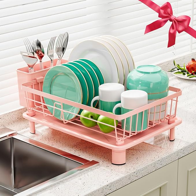Dish Drying Rack, Space-Saving Dish Rack, Dish Racks for Kitchen Counter, Kitchen Dish Drainers with Removable Utensil Holder,Plate Rack and Drainboard, 11''W x 15''L, Pink