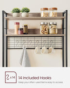 VASAGLE Hutch Bakers Rack with Power Outlet, 14 Hooks Microwave Stand, Adjustable Coffee Bar with Metal Wire Panel, Kitchen Storage Shelf, 15.7 x 31.5 x 66.9 Inches, Greige and Black UKKS025B02