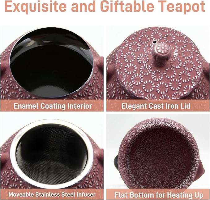 Cast Iron Teapot, 20.3oz Small, Enameled Interior, Stainless Steel Infuser for Loose Tea (Pink Gerbera Pattern)