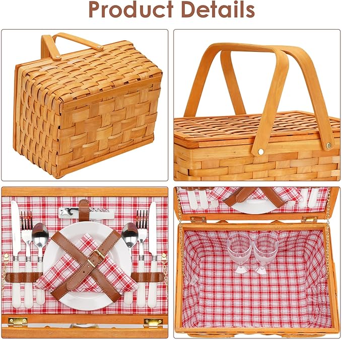 Picnic Basket Set for 2 Persons, Woven Woodchip Basket with Folding Handles & Lid, Red and White Gingham Lining Basket Set with Utensils Cutlery - Perfect for Picnic, Camping, Valentine Day, Outdoor