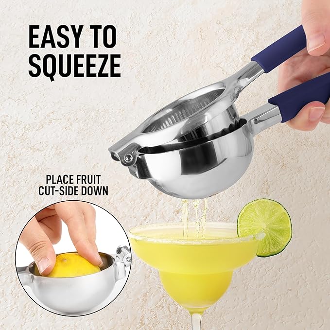 Zulay Lemon Squeezer Stainless Steel with Premium Heavy Duty Solid Metal Squeezer Bowl and Food Grade Silicone Handles - Large Manual Citrus Press Juicer and Lime Squeezer Stainless Steel (Navy)