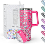 sweet grain 40 oz Tumbler with Handle and Straw - Cheetah Print Stainless Steel Insulated Tumblers, Cupholder Friendly, Perfect Leopard Tumbler Gifts for Women Men - Rose Red