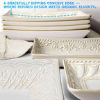 Artena Ceramic 8.25 Inch Rectangle Salad Plates Set of 4 - Deep Plates for Appetizer, Dessert, Dinner, Sushi, Snack, Pasta, Serving - Microwave Safe with Embossed Rim Design (Pinwheel Flower)