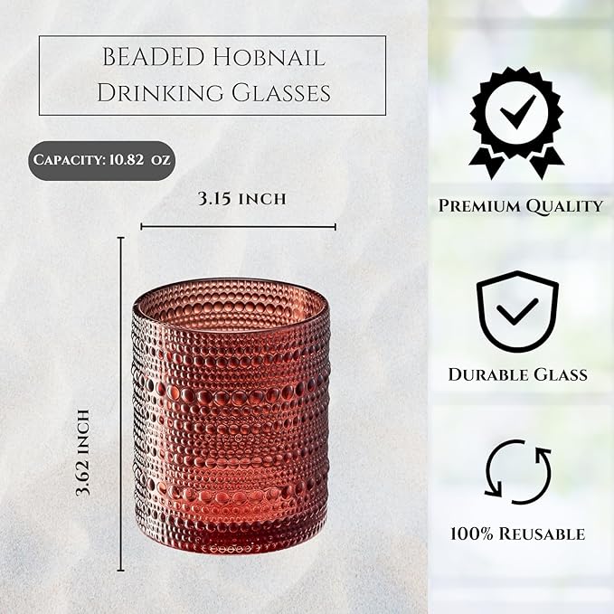 Hobnail Beaded Highball Drinking Tumbler Glasses | Set of 6 | Color, Vintage Bubble Design Whiskey Glassware, Old-Fashioned, Embossed Design for Water, Wine, Cocktail Embossed Heavy Glas, Rocks Glass