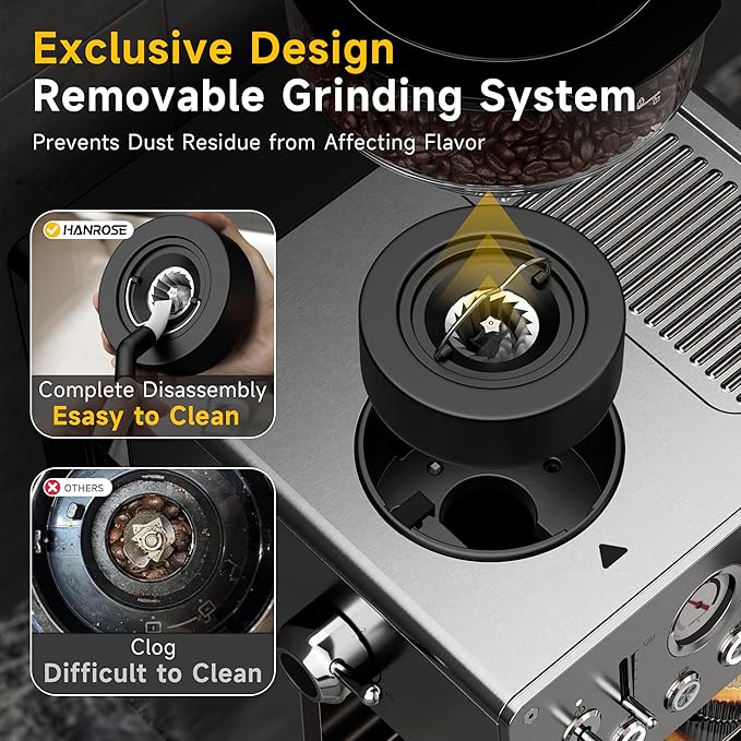 Espresso Machine with Grinder, 20Bar Espresso Machine Stainless Steel, Coffee Machine with Milk Frother for Latte/Cappuccino, Adjustable Temperature, Independent Hot Water & Americano Function