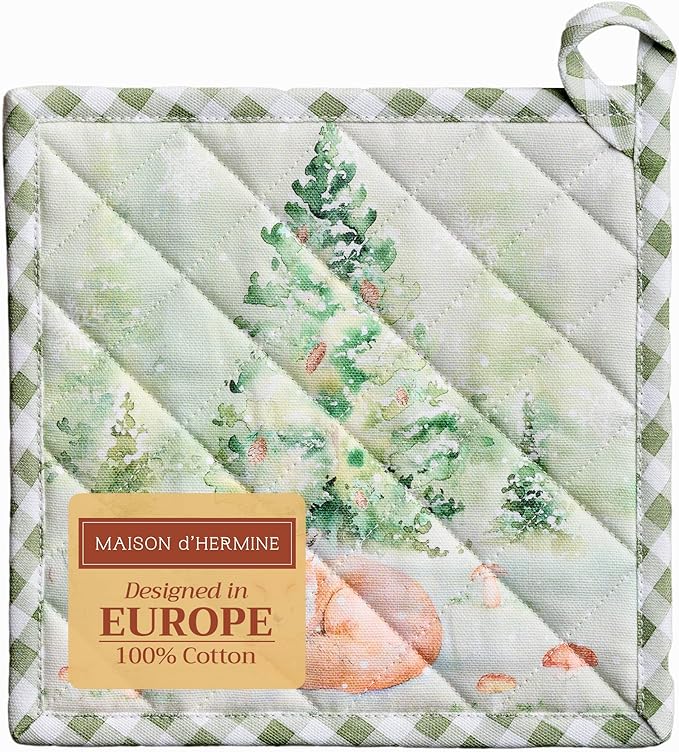 Maison d' Hermine Pot Holders 100% Cotton Heat Resistant Potholders 8" x 8" Hot Pads with Loop BBQ, Cooking, Baking, Grilling, Kitchen, Handling Hot Pans (Pack of 1, Winter Mornings)