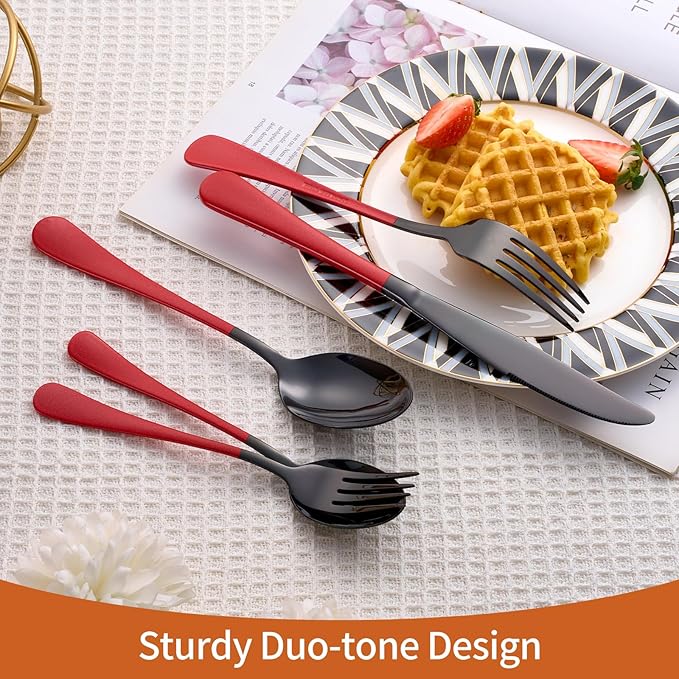 20 Piece Black Red 18/0 Flatware Utensil Set for 4, Include Dinner Knife,Dinner Forks,Dinner Spoons,Salad Forks,Teaspoons,Silverware Set for 4, Dishwasher Safe