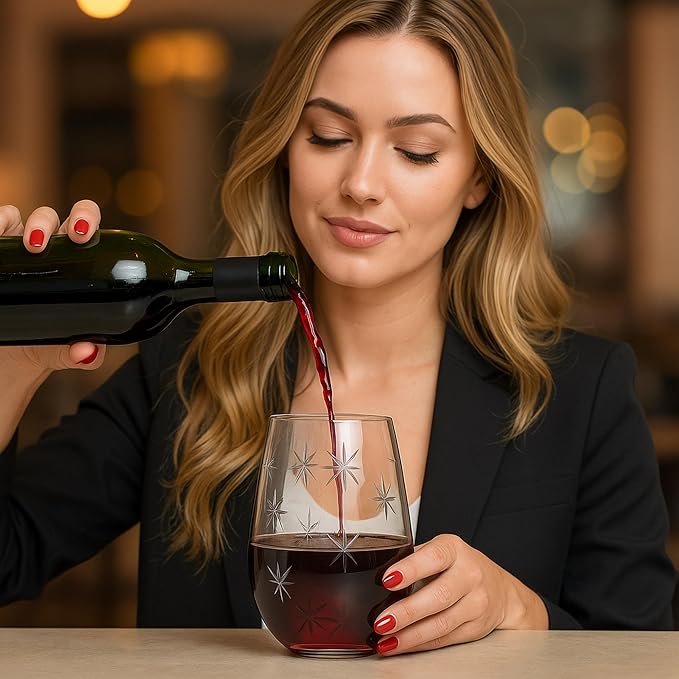 SHOSHIN Stemless Wine Glasses Set of 4 – 18oz Hand-Cut Lead-Free Crystal with Exquisite Star Pattern, Dishwasher Safe, Perfect for Parties and Weddings