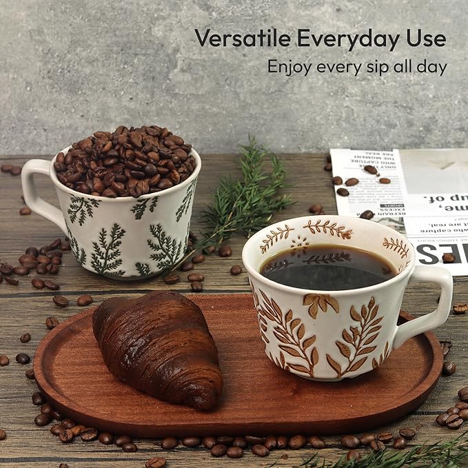 Ceramic Coffee Mug, 12 oz Novelty Unique Teacup with Handle, Stoneware Cup for Tea Mocha Latte Cappuccino Espresso (Set of 2, Ivy and Leaf)