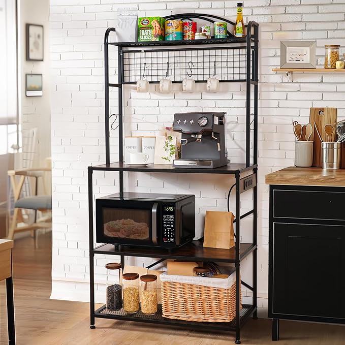 Bakers Rack for Kitchen, 33-inch Wide Coffee Bar Station with Power Outlet, 5 Tier Microwave Stand Storage Shelf with S-Shaped Hooks, Metal Frame with Brown Wood Tabletop
