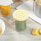 Restaurantware-RW Base 10 Ounce Clear Plastic Dredge Spice Shaker, 1 Reusable Dry Rub Shaker - Includes Yellow Perforated Lid, With Handle, Clear Polycarbonate Spice Holder, For Coarse Seasonings