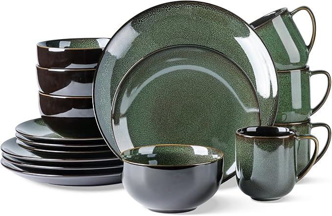 LERATIO Ceramic Dinnerware Sets for 4,16-Piece Reactive Glaze Plates and Bowls Set with Mugs,Highly Chip and Crack Resistant | Dishwasher,Microwave & Oven Safe Dishes set-Green