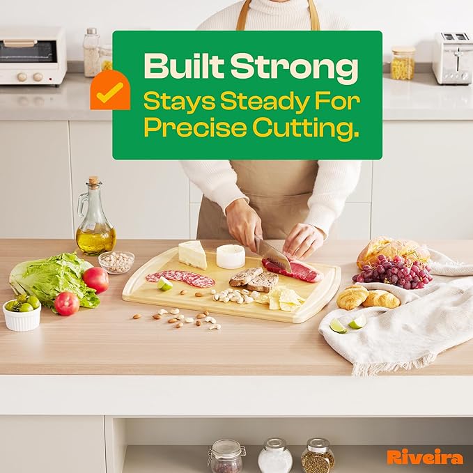 Riveira Two Tone Bamboo Wood Cutting Board – Gourmet Bamboo Grandeur: 20 x 14 Wooden Cutting Board – Wooden Cutting Boards For Kitchen Decorative – Innovative Juice Grooves Wooden Chopping Board