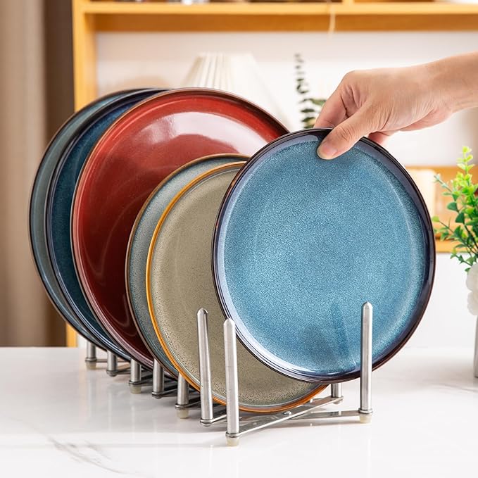 LERATIO Ceramic Plates Set of 6, 10.5 Inch Reactive Glaze Light Weight Porcelain Salad Plates,Modern Shape Dinnerware Dishes Set for Microwave& Dishwasher &Oven Safe,Scratch Resistant-Colorful
