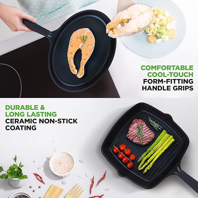 NutriChef NonStick Frying Pans – 5-Piece Skillet Set with Ceramic Coating, Wok, Grill, Fry & Fish Pans – Compatible with All Cooktops, Including Induction – Cool-Touch Handles, Easy-Clean