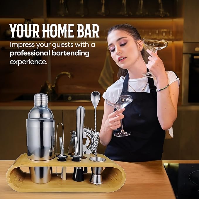 Cocktail Shaker Set Bartender Kit with 10 Bar Tools & Bamboo Stand – Martini Shaker, Jigger, Strainer, Muddler, Mixer Spoon, Pourers – Home Bar Set & Gift for Men (Silver)