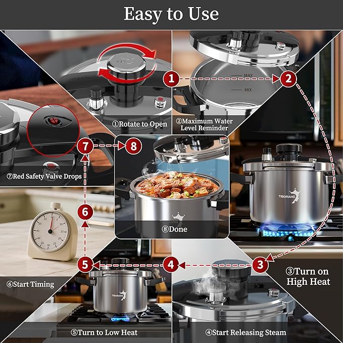 TIBORANG 8.5 QT Stainless Steel Pressure Cooker, [Multi-Cooker for Gas & Induction Stove] [Saves 70% Cooking Time] [One-Hand Operation], Family Size for 3-5 People, Olla de Presion